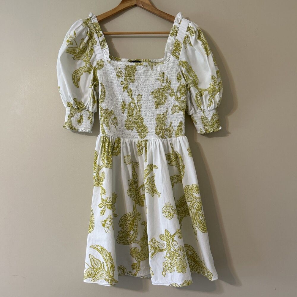 1.STATE White Lime Puff Sleeve Paisley Smocked Mini Sundress White Green Large